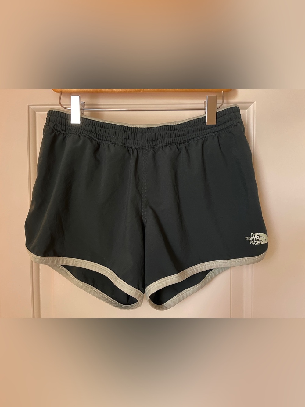 The North Face Forest Green Running Shorts with Sage Green Trim